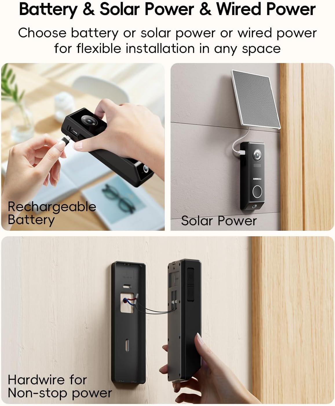 ZUMIMALL Dual Lens Doorbell Camera with Chime - 2K HD Video Doorbell Wireless, Battery/Solar Powered, No Monthly Fees, Wireless/Wired Installation, 2-Way Talk/IP65/Cloud/Alexa/PIR/AI/2.4G WiFi